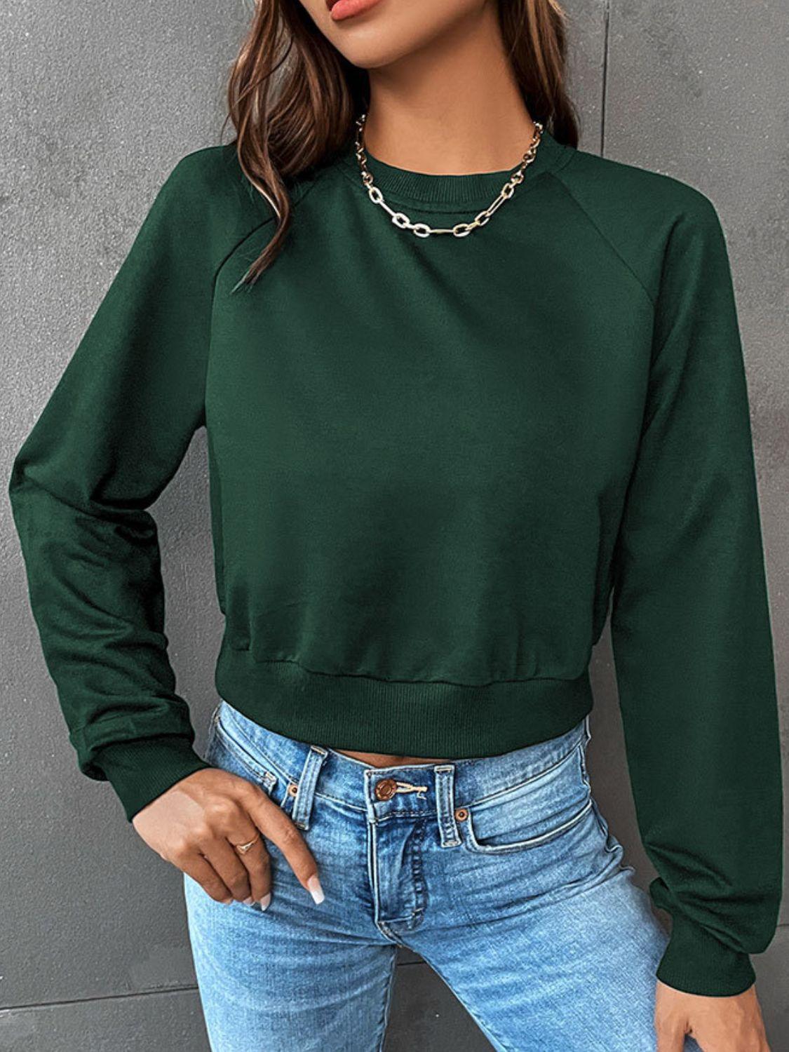 Perfee Raglan Sleeve Round Neck Cropped Sweatshirt