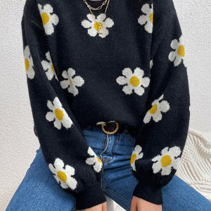 Flower Round Neck Latern Sleeve Sweater