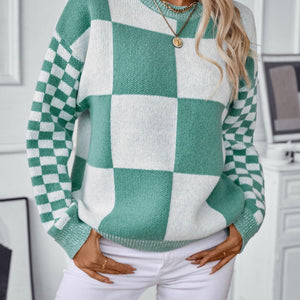 Color Block Round Neck Long Sleeve Sweater