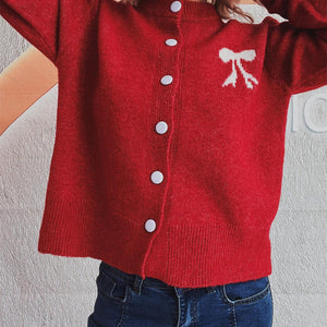 Bow Round Neck Button Up Long Sleeve Cardigan