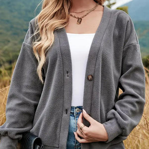 Shiny Button Down V-Neck Dropped Shoulder Jacket