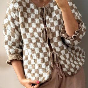 Double Take Tied Checkered Dropped Shoulder Flounce Sleeve Cardigan