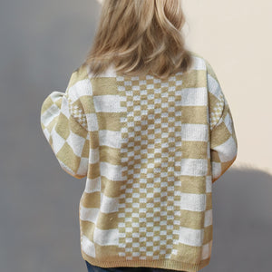 Double Take Checkered Open Front Dropped Shoulder Cardigan