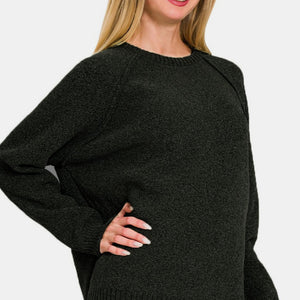 Zenana Side Slit Raglan Sleeve Sweater