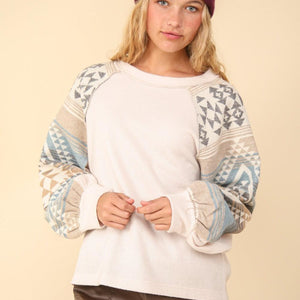 VERY J Printed Long Sleeve Round Neck Knit Top