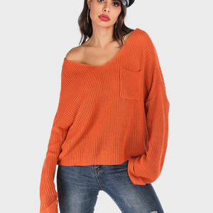 Perfee V-Neck Dropped Shoulder Long Sleeve Sweater