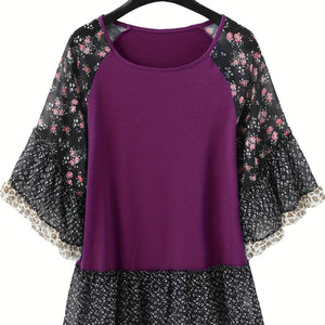 Full Size Frill Printed Round Neck Half Sleeve Blouse