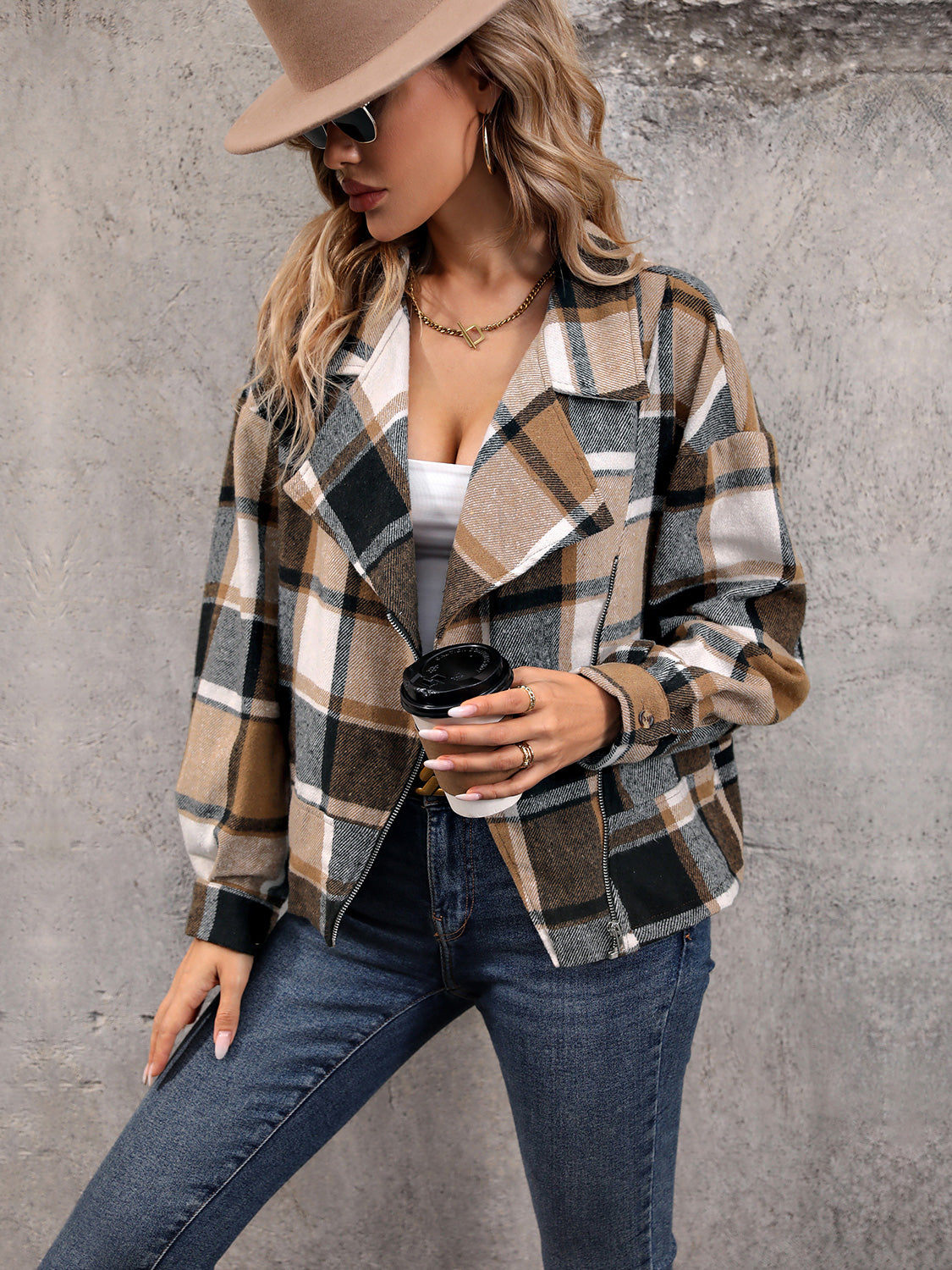 Perfee Plaid Collared Neck Long Sleeve Jacket