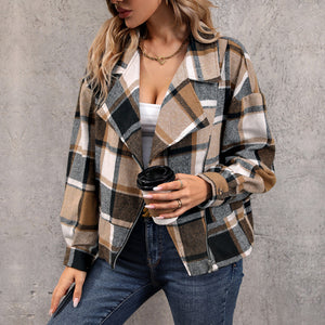 Perfee Plaid Collared Neck Long Sleeve Jacket