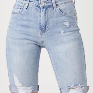 RISEN High Rise Distressed Denim Bermuda Shorts