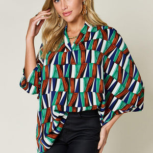 Double Take Full Size Geometric Notched Dolman Sleeve Top