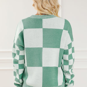 Checkered Drop Shoulder Long Sleeve Sweater