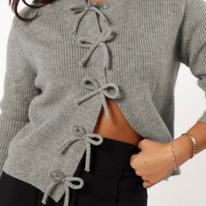 Bow Round Neck Long Sleeve Cardigan