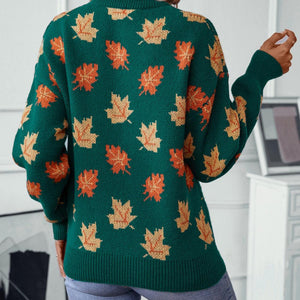 Maple Leaf Round Neck Long Sleeve Sweater