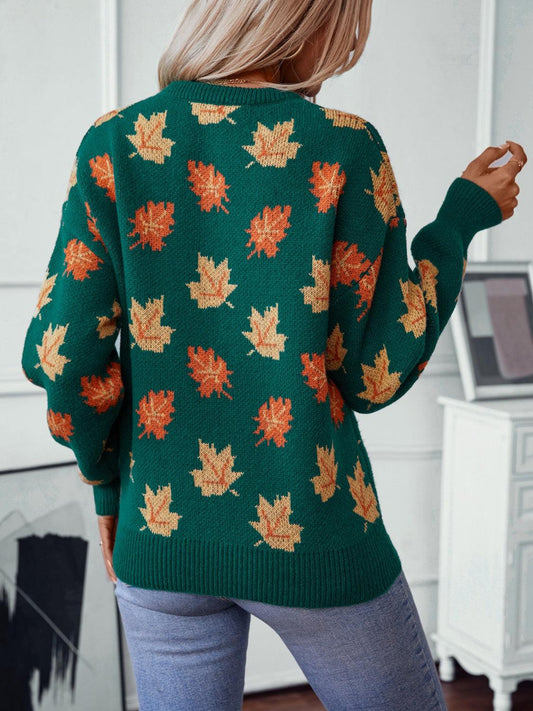 Maple Leaf Round Neck Long Sleeve Sweater