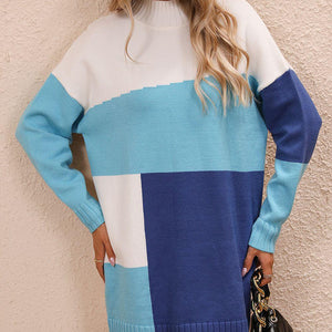 Color Block Mock Neck Dropped Shoulder Sweater Dress