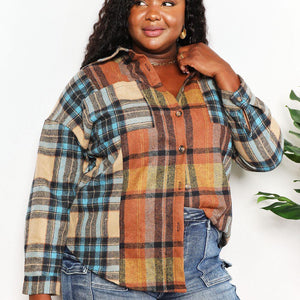 Double Take Plaid Curved Hem Shirt Jacket with Breast Pockets