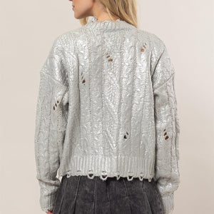 HYFVE Distressed Cable-Knit Round Neck Long Sleeve Sweater