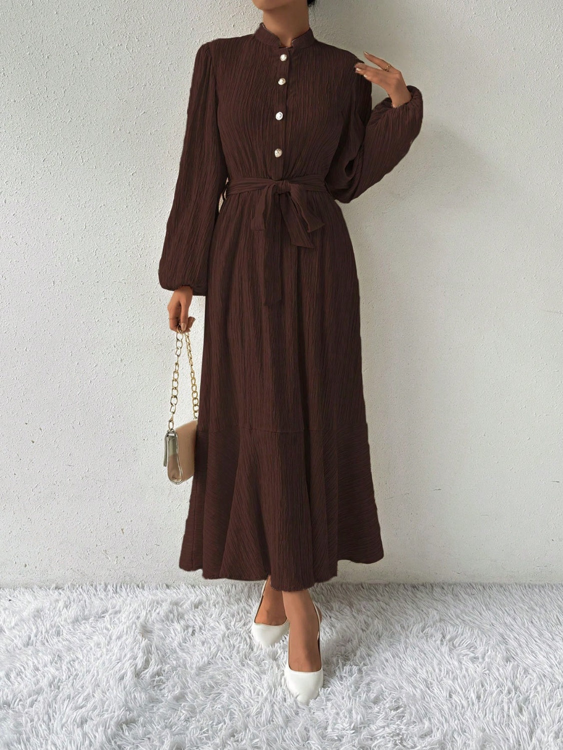 Half Button Tie Waist Long Sleeve Maxi Dress