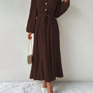 Half Button Tie Waist Long Sleeve Maxi Dress