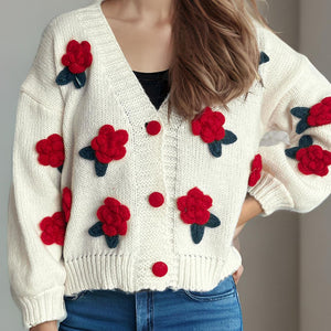 Flower Button Down V-Neck Long Sleeve Cardigan