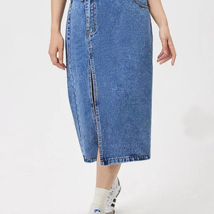 Slit Midi Denim Skirt with Pockets