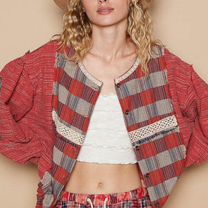 POL Round Neck Long Sleeve Plaid Shirt