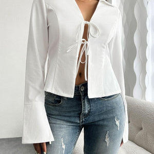 Devine Slit Tied Collared Neck Long Sleeve Blouse