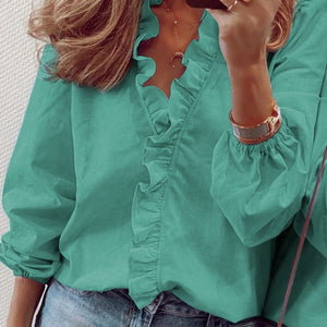 Full Size Ruffled V-Neck Long Sleeve Blouse