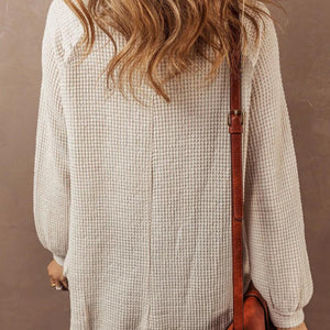 Waffle-Knit Half Button Round Neck Long Sleeve Top