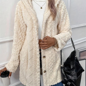 Fuzzy Button Down Hooded Coat