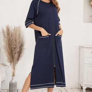 Zip Up Slit Round Neck Night Dress with Pockets