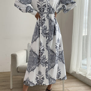 Printed Notched Lantern Sleeve Midi Dress