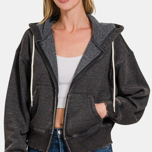 Zenana Acid Wash Fleece Zip-Up Cropped Hoodie