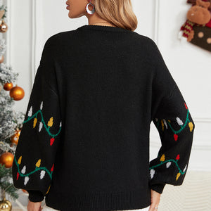 Round Neck Pattern Lantern Sleeve Sweater