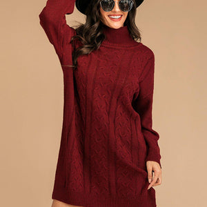 Perfee Slit Turtleneck Long Sleeve Mini Sweater Dress