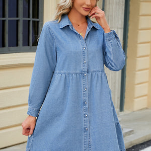 Tiered Button Up Long Sleeve Denim Dress