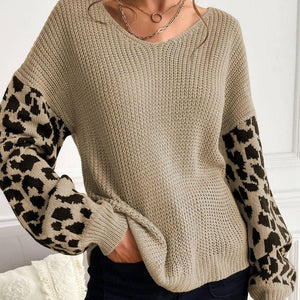 Perfee Leopard Sleeve Dropped Shoulder Sweater