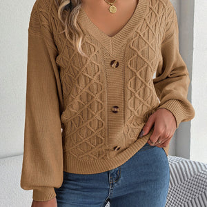 Cable-Knit V-Neck Lantern Sleeve Sweater