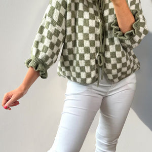 Double Take Tied Checkered Dropped Shoulder Flounce Sleeve Cardigan