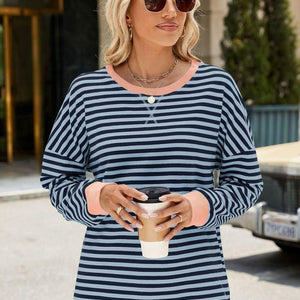 Slit Striped Round Neck Long Sleeve Sweatshirt