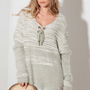 Thinkable Mixed-Stitch Front Tie Sweater Dress