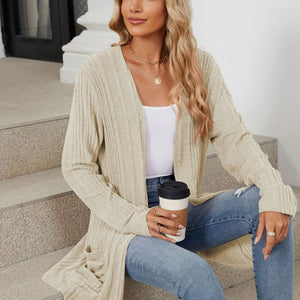 Pocketed Open Front Long Sleeve Cardigan