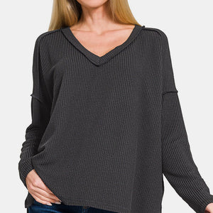 Zenana Texture Exposed Seam V-Neck Long Sleeve T-Shirt