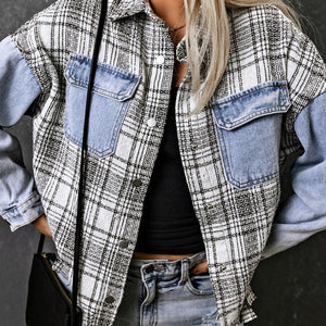 Plaid Pocketed Snap Down Denim Jacket