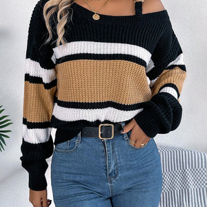 Color Block Asymmetrical Neck Long Sleeve Sweater