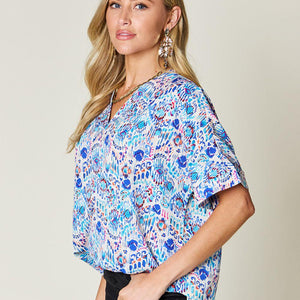 Double Take Full Size Printed V-Neck Short Sleeve Blouse