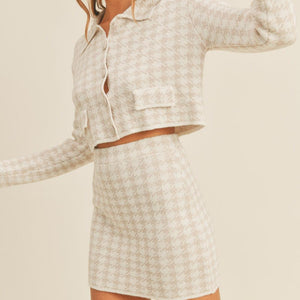 MABLE Houndstooth Cropped Knit Cardigan and Mini Skirt Set