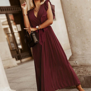 Tied Surplice Cap Sleeve Pleated Dress