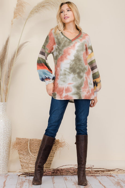 Celeste Full Size Tie-Dye Contrast Striped V-Neck Long Sleeve Blouse